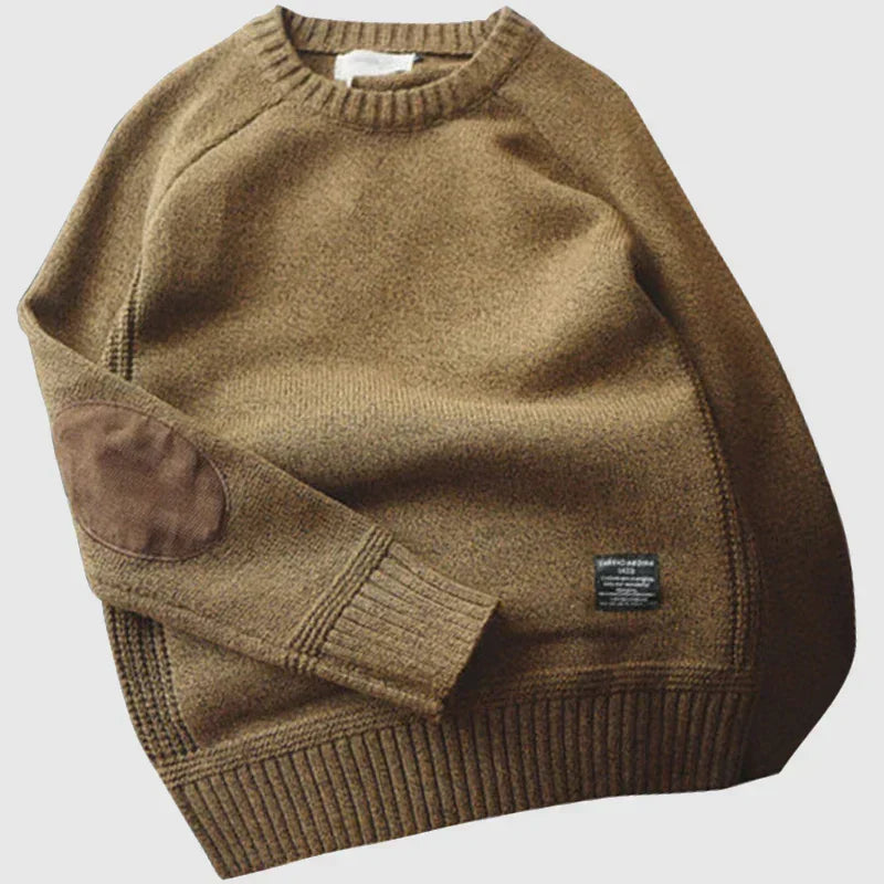 Men's Warm Crew Neck Jumper with Elbow Patches Knit