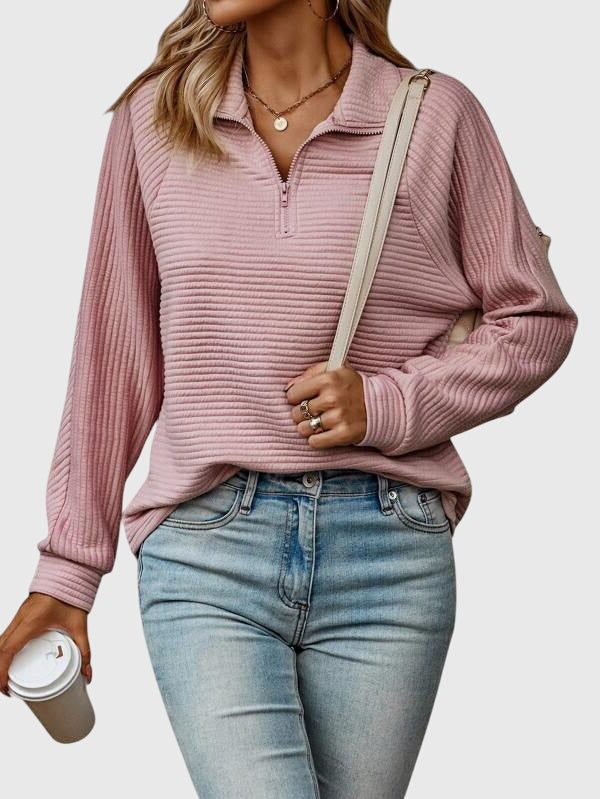 Women's Casual Rib Texture Half-Zip Sweater - Pink