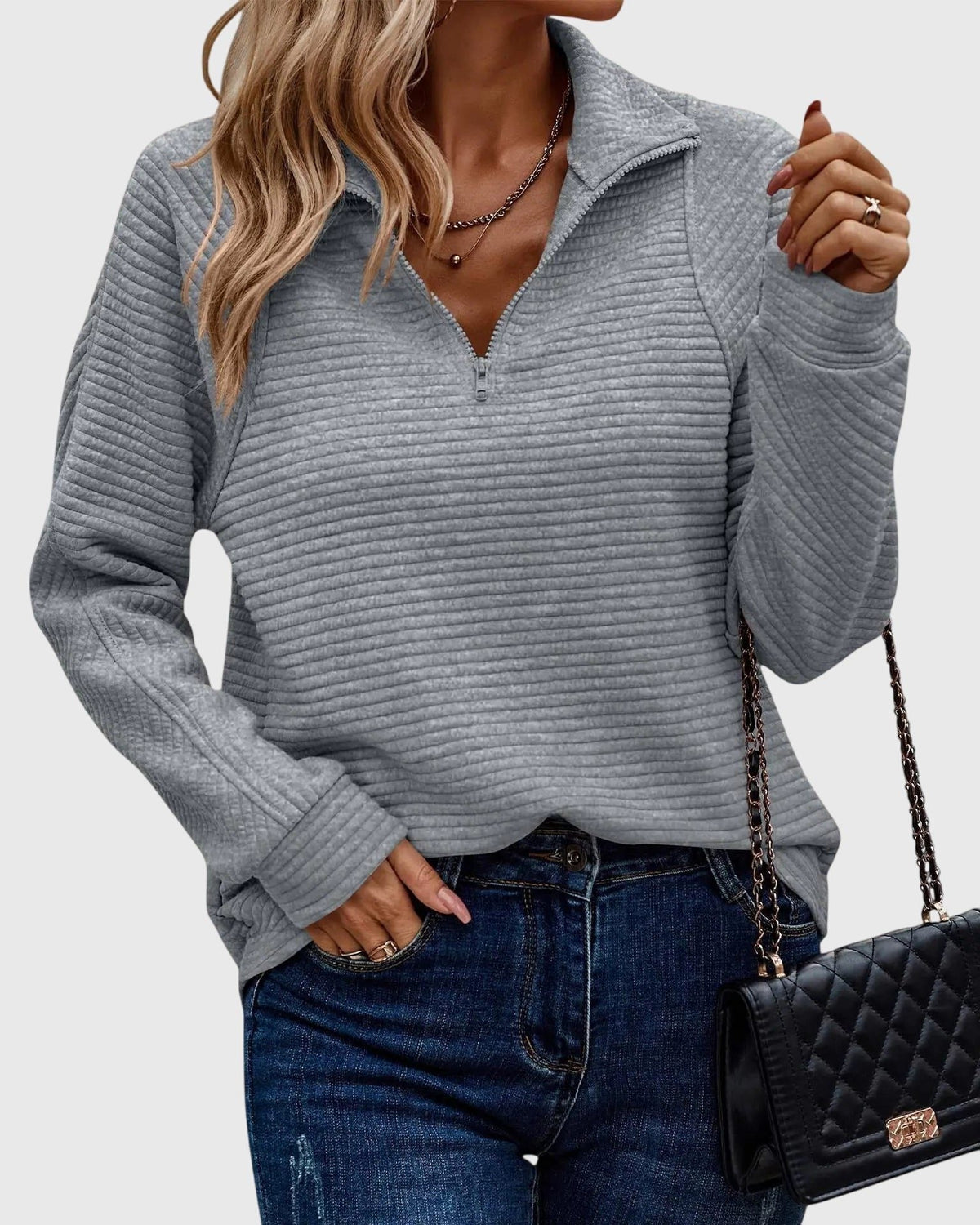 Women's Casual Rib Texture Half-Zip Sweater - Gray