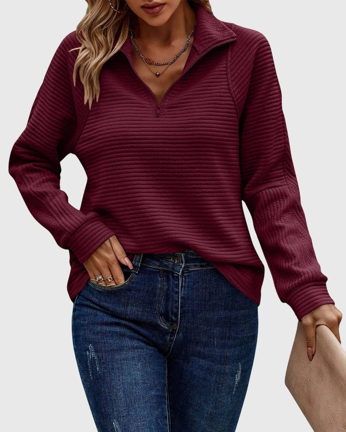 Women's Casual Rib Texture Half-Zip Sweater - Maroon