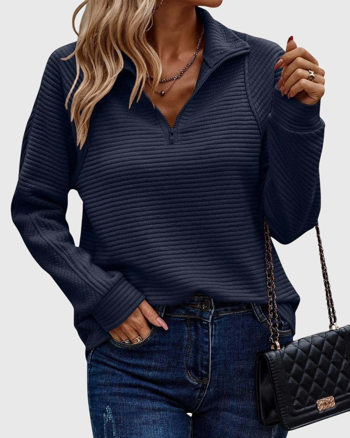 Women's Casual Rib Texture Half-Zip Sweater - Dark Blue