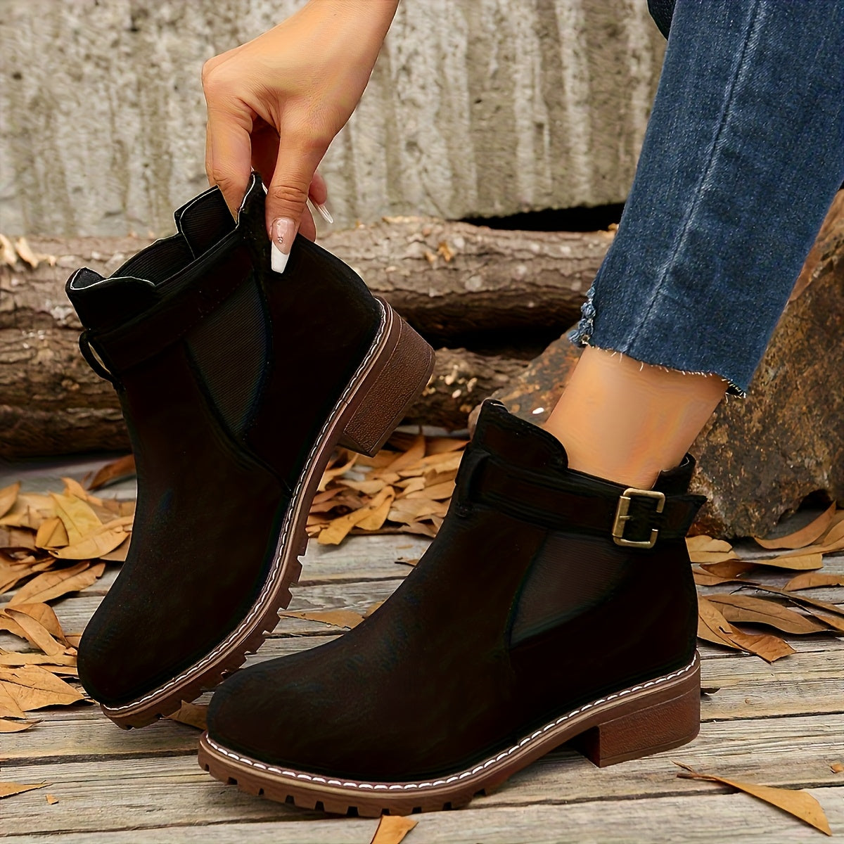 Women's Buckle Ankle Boot with Block Heel