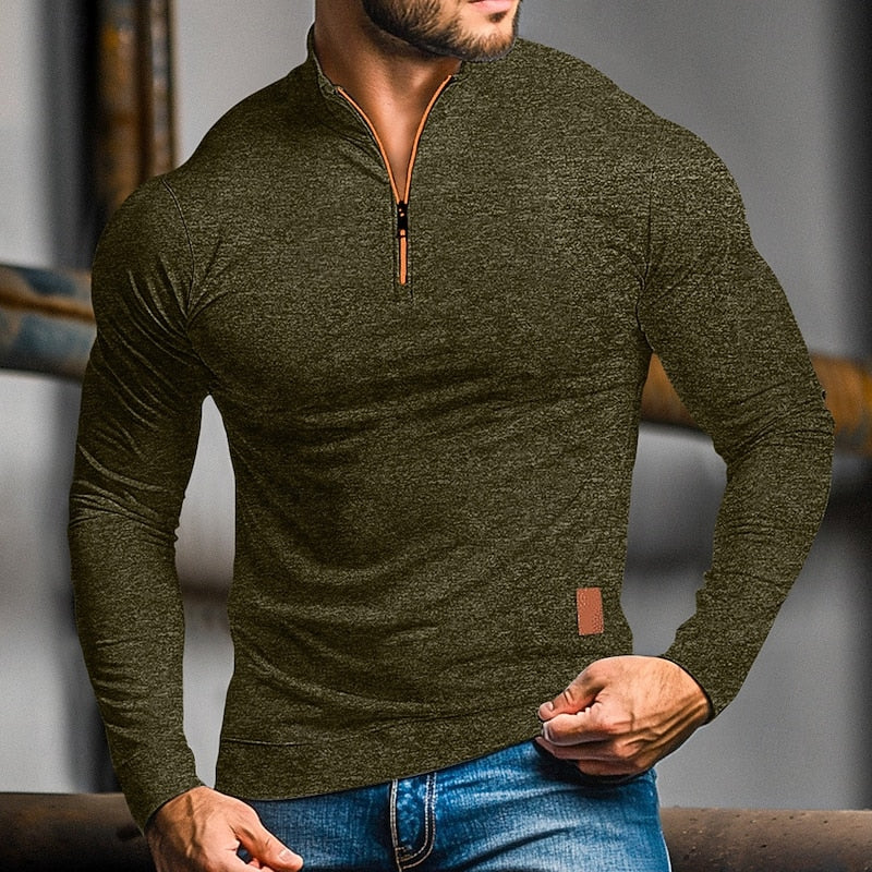 Men's Zip Collar Long Sleeve Tailored Polo - Army Green