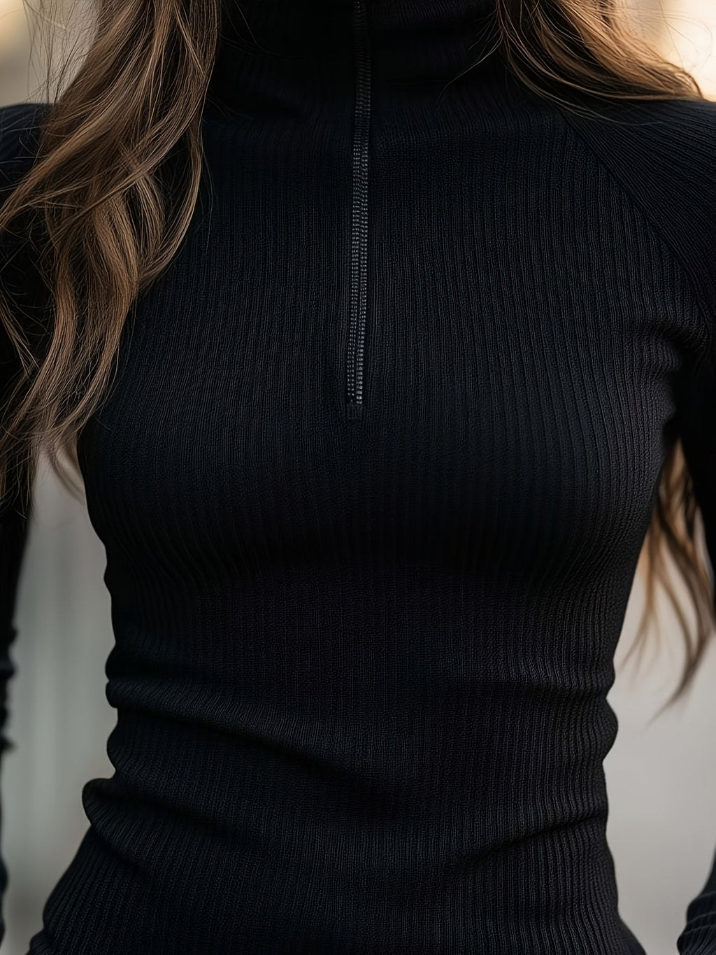 Women's Stretch Rib Knit Zip Collar Long Sleeve Top