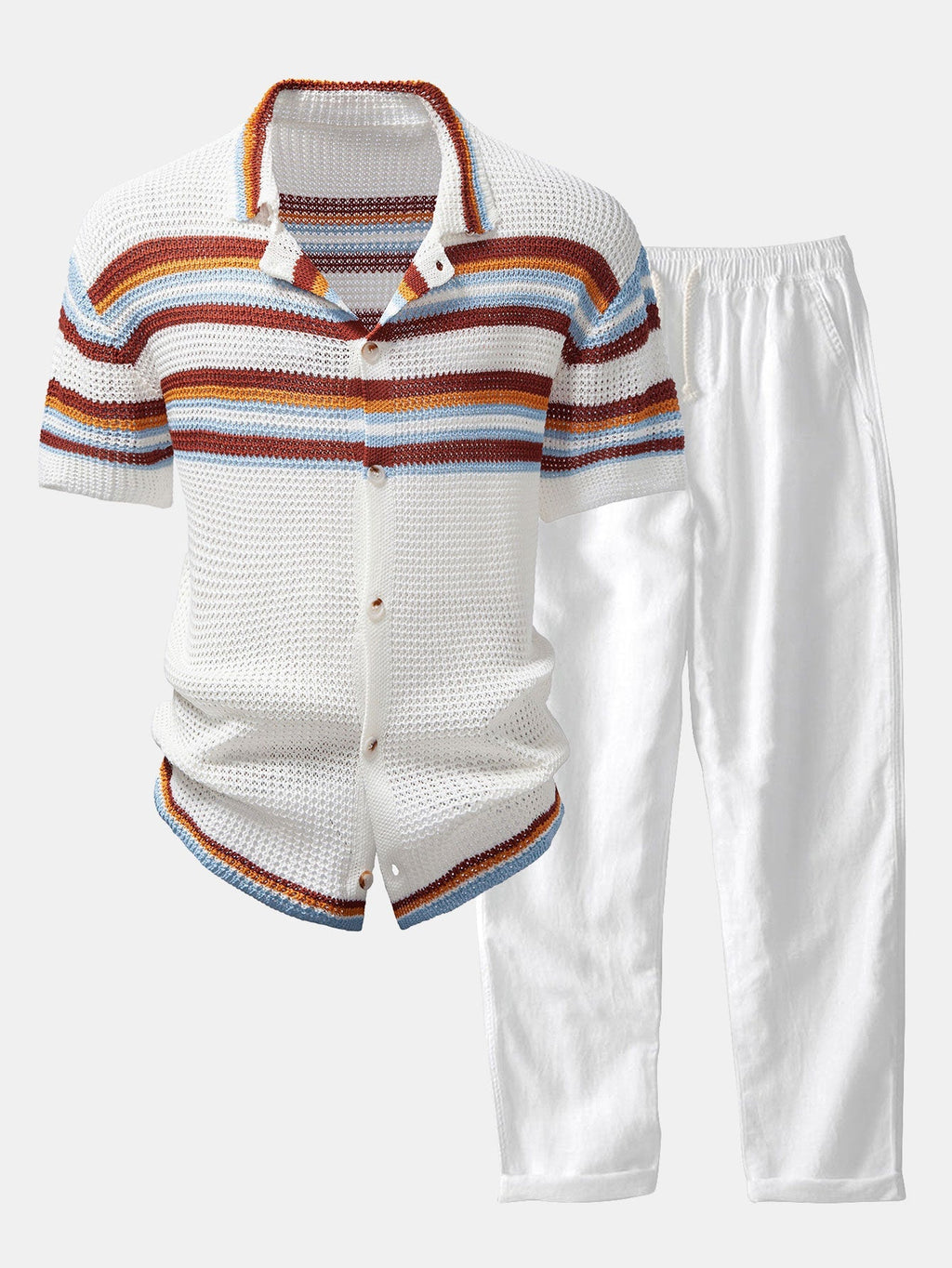 Men's Open Knit Button Shirt with Linen Blend Trousers