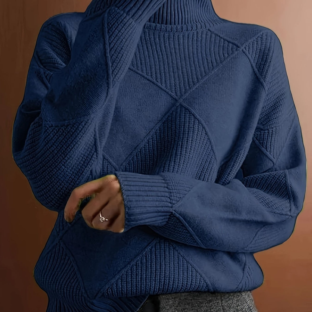 Women's Insulating Knit Turtleneck with Diamond Stitch Detail - Royal Blue