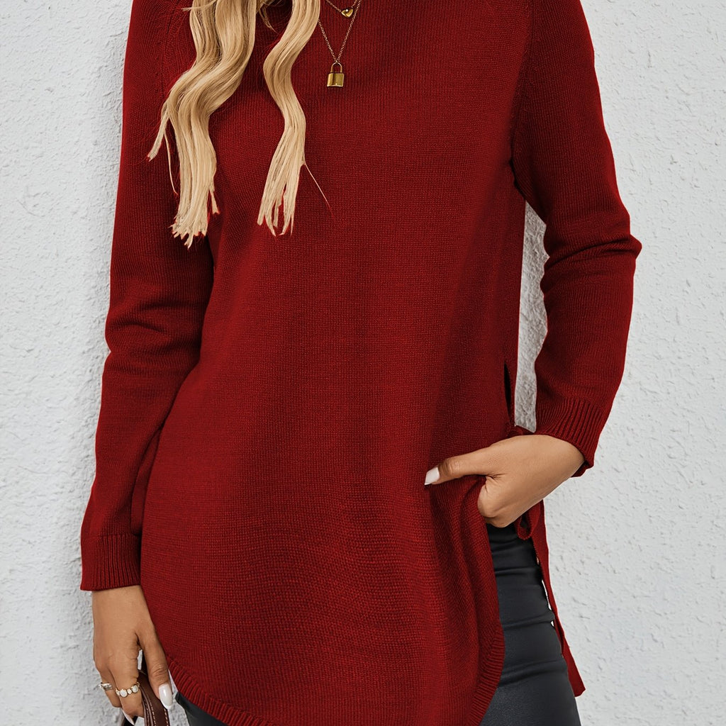 Women's Split-Side Tunic Length Pullover Sweater - Deep Red