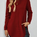 Women's Split-Side Tunic Length Pullover Sweater - Deep Red