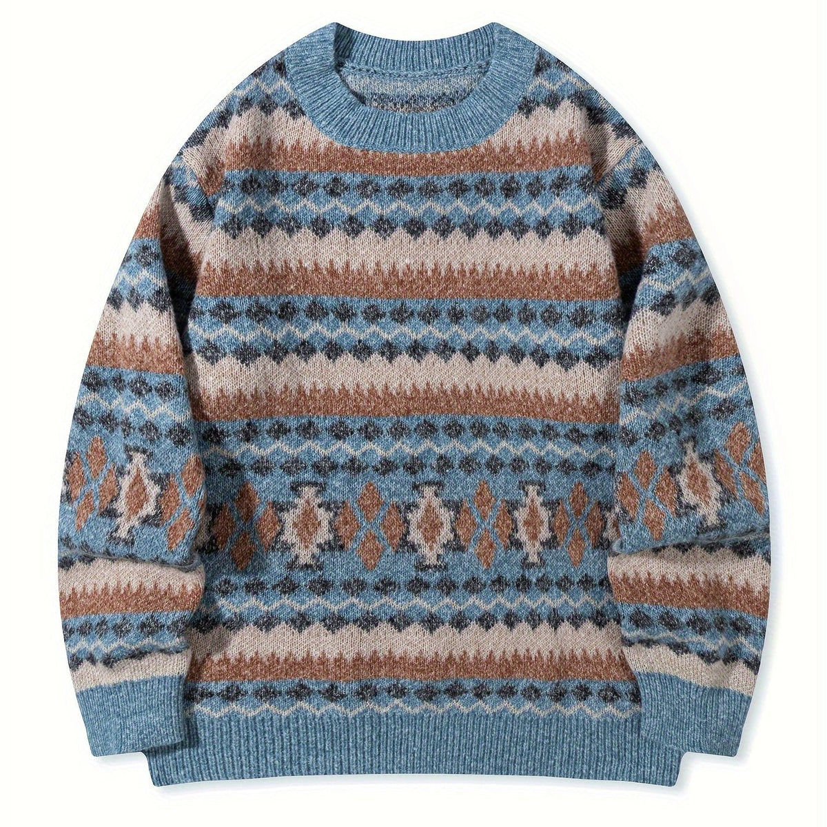 Women's Relaxed Nordic-Pattern Knit Sweater - Light Blue