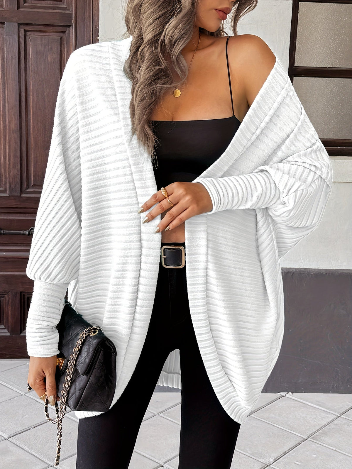 Women's Buttonless Ribbed Drape Cardigan