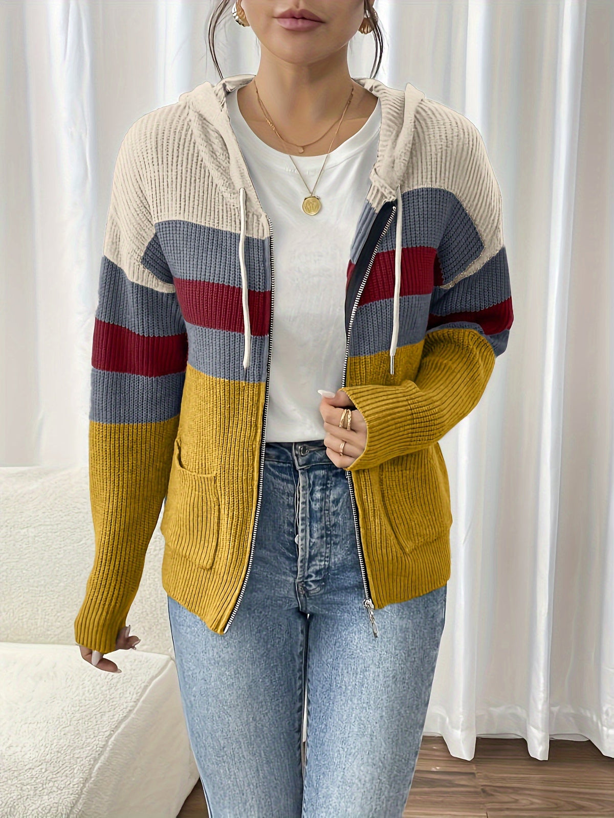 Women's Multicolor Rib Knit Hooded Zip-Up Cardigan