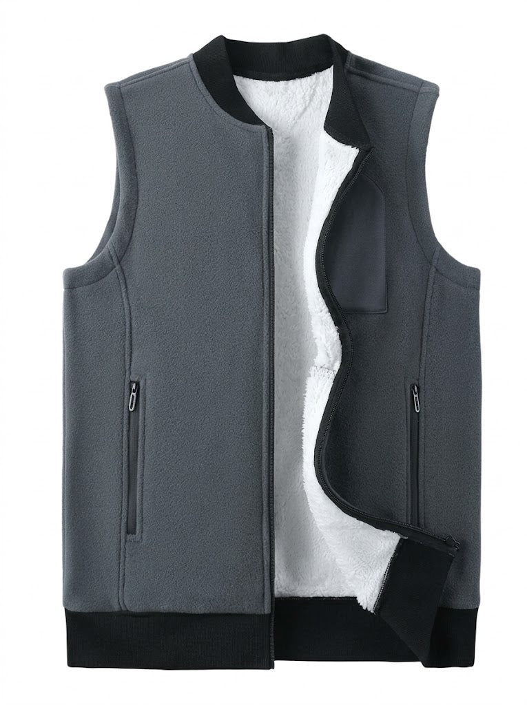 Men's Sleeveless Fleece-Lined Layering Vest With Ribbed Hem - Gray