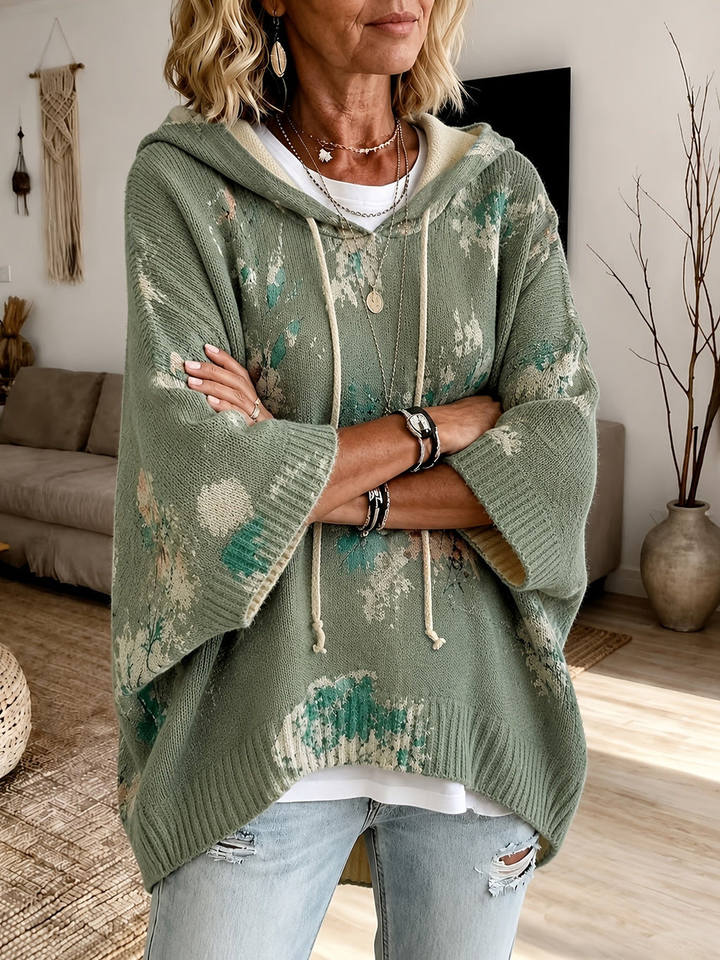 Women's Drawstring Hood Floral Knit Poncho Sweater