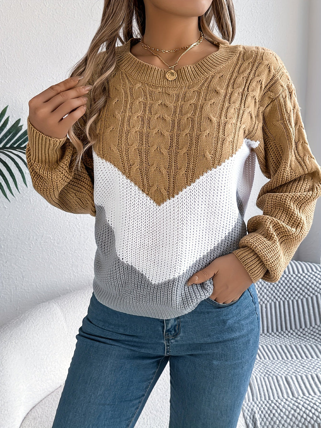 Women's Soft Knit Two-Tone Crew Sweater with Gentle Stretch