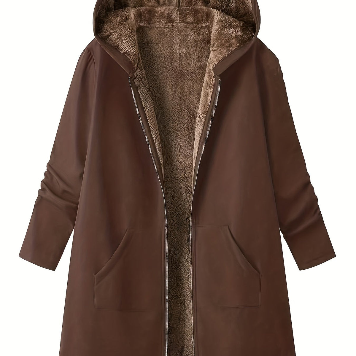Women's Longline Hooded Winter Coat with Full-Length Zip - Coffee