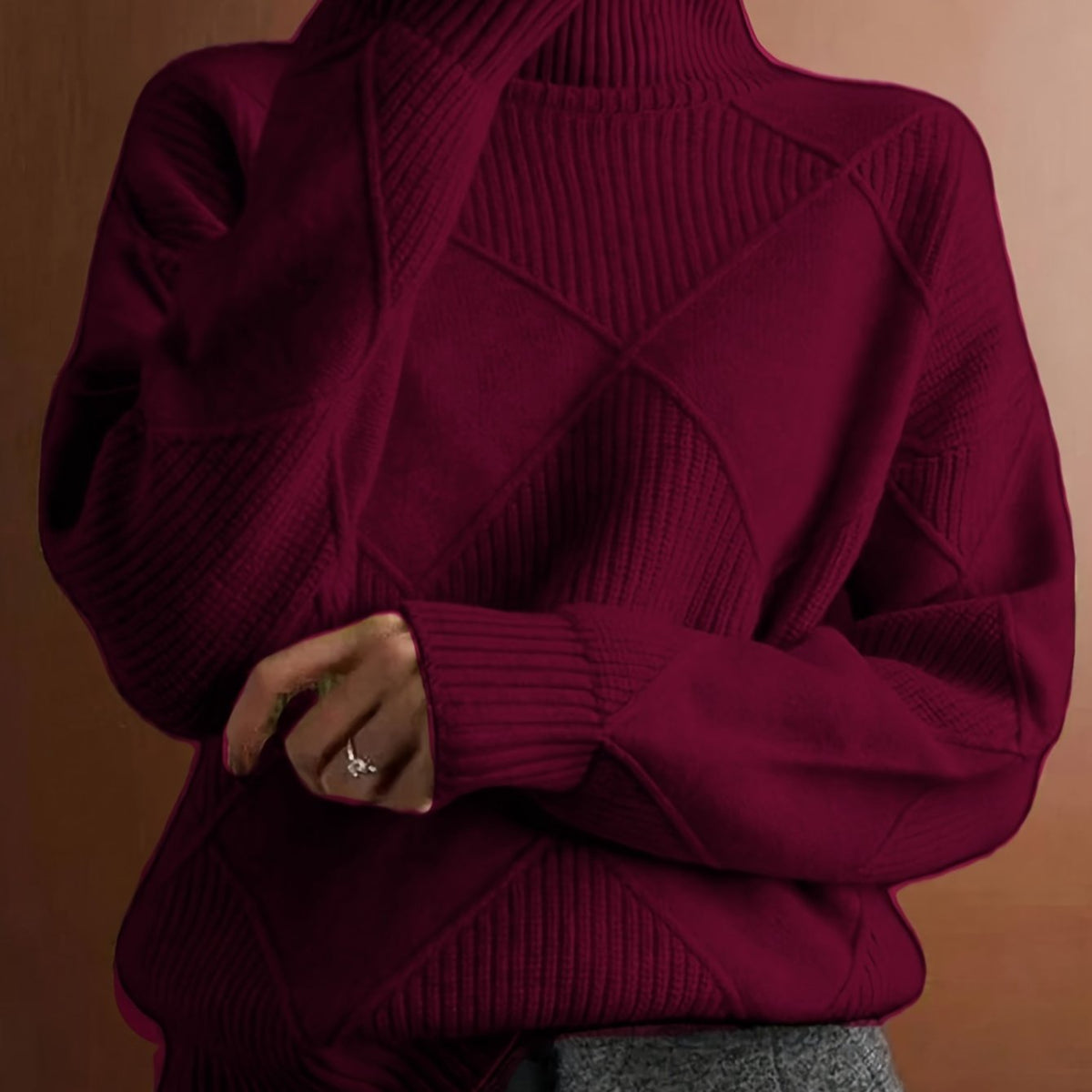 Women's Insulating Knit Turtleneck with Diamond Stitch Detail - Burgundy