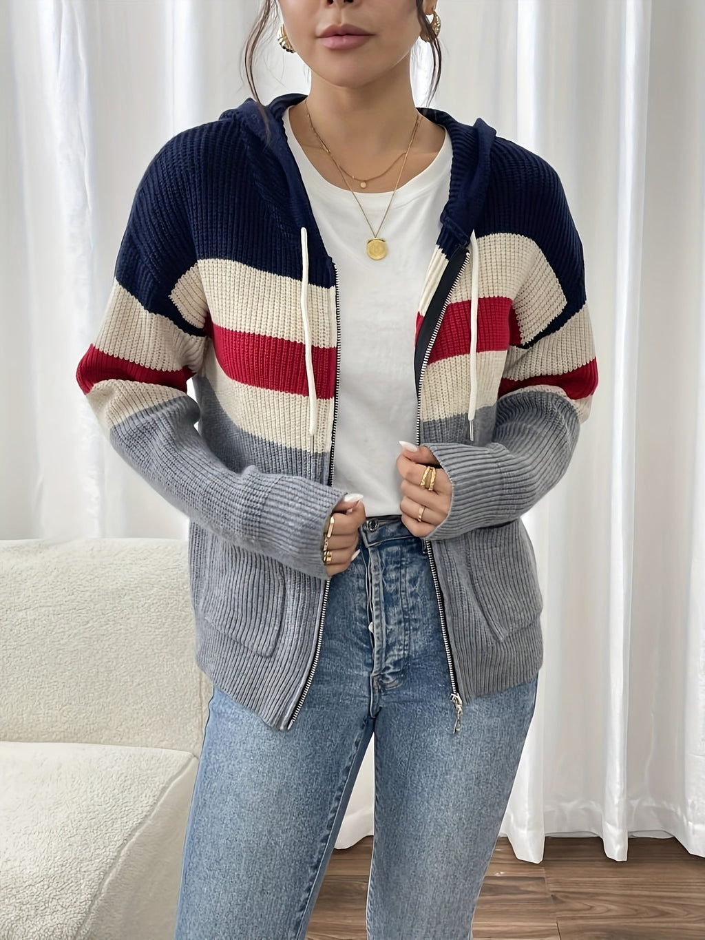 Women's Multicolor Rib Knit Hooded Zip-Up Cardigan