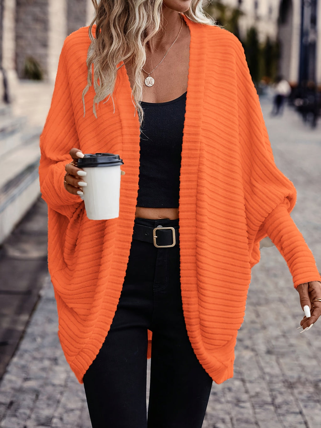 Women's Buttonless Ribbed Drape Cardigan