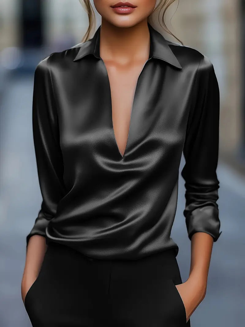 Women's Satin V-Neck Blouse Draped Collar Elegance