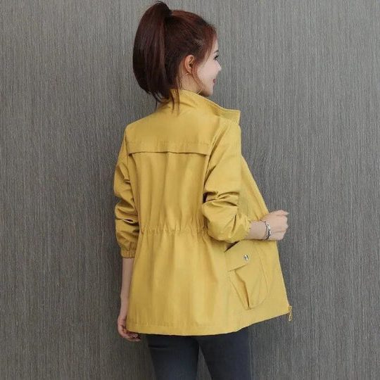 Women's Loose Fit Lightweight Wind Jacket with Adjustable Waist - Yellow