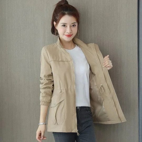 Women's Loose Fit Lightweight Wind Jacket with Adjustable Waist - Khaki
