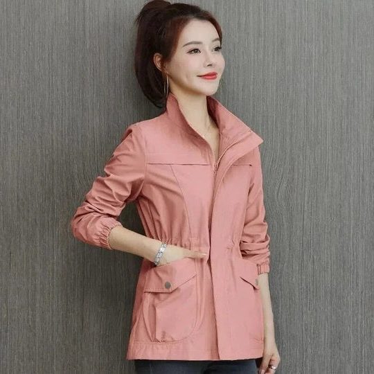 Women's Loose Fit Lightweight Wind Jacket with Adjustable Waist - Pink