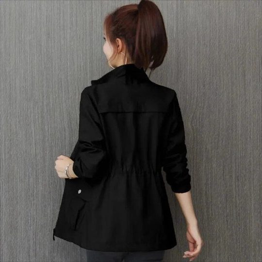 Women's Loose Fit Lightweight Wind Jacket with Adjustable Waist - Black