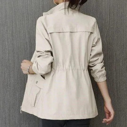 Women's Loose Fit Lightweight Wind Jacket with Adjustable Waist - Beige