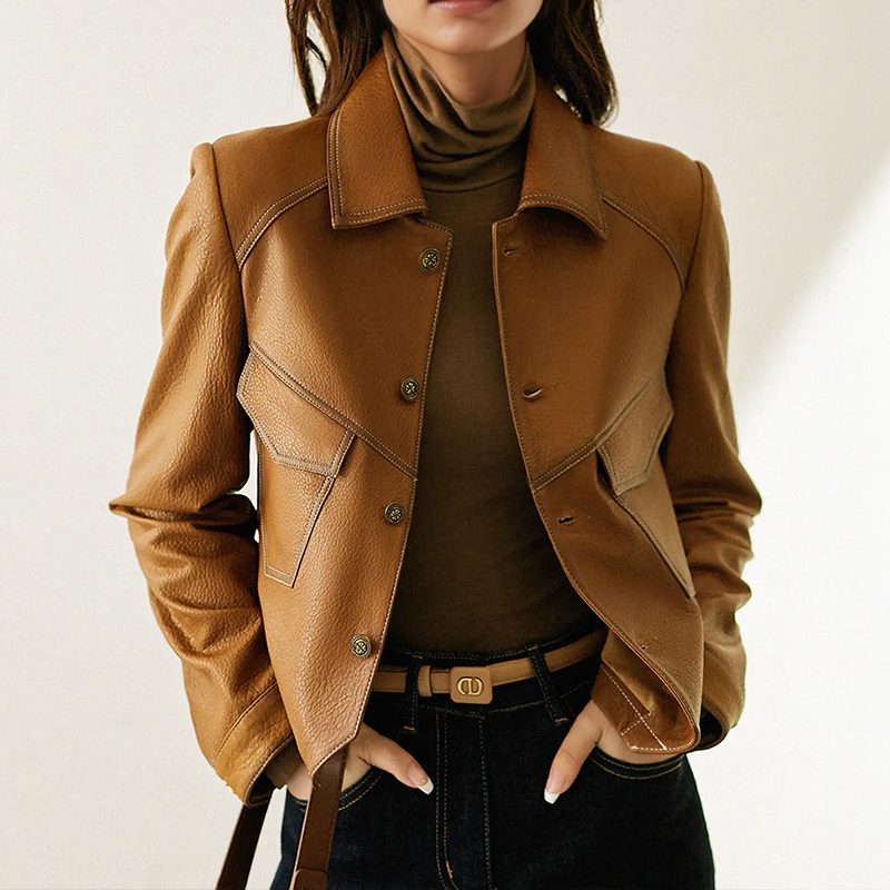 Women's Brown Waist-Length Leather Jacket with Crisp Collar