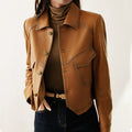 Women's Brown Waist-Length Leather Jacket with Crisp Collar - Brown