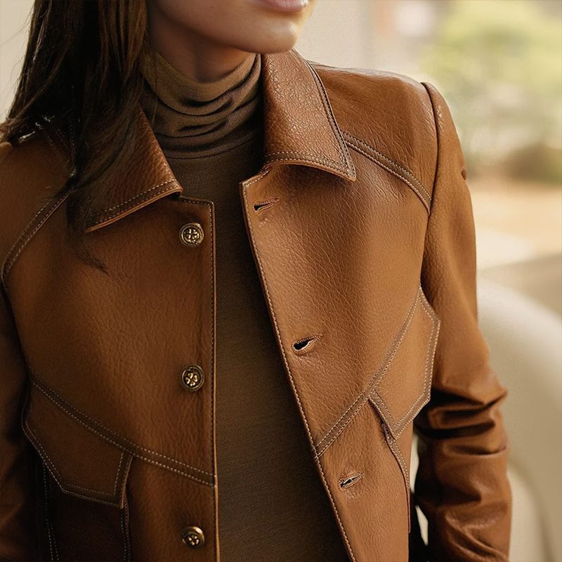 Women's Brown Waist-Length Leather Jacket with Crisp Collar