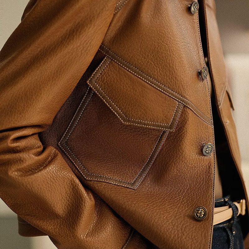 Women's Brown Waist-Length Leather Jacket with Crisp Collar