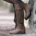 Women's Belted Shaft Leather Riding Boots with Grip Sole - Dark Brown