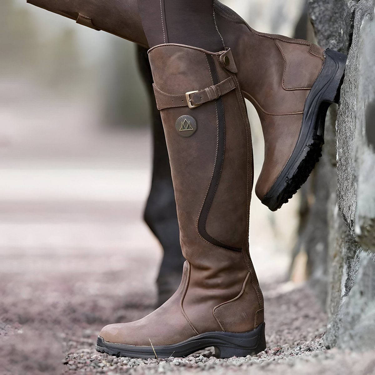 Women's Belted Shaft Leather Riding Boots with Grip Sole - Dark Brown