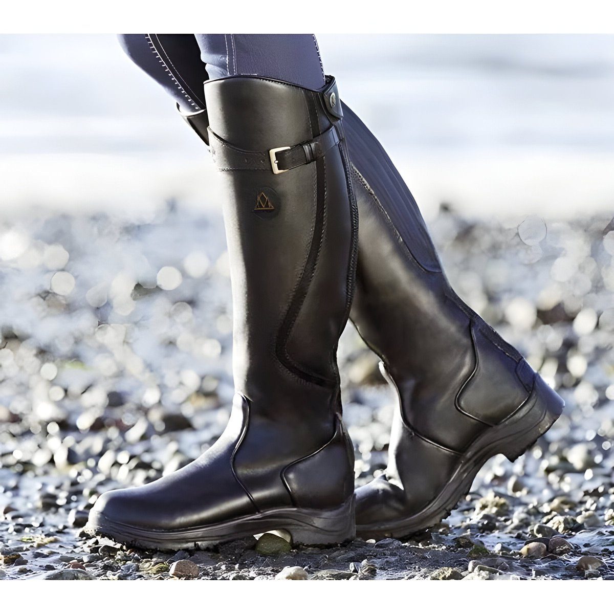Women's Belted Shaft Leather Riding Boots with Grip Sole - Black