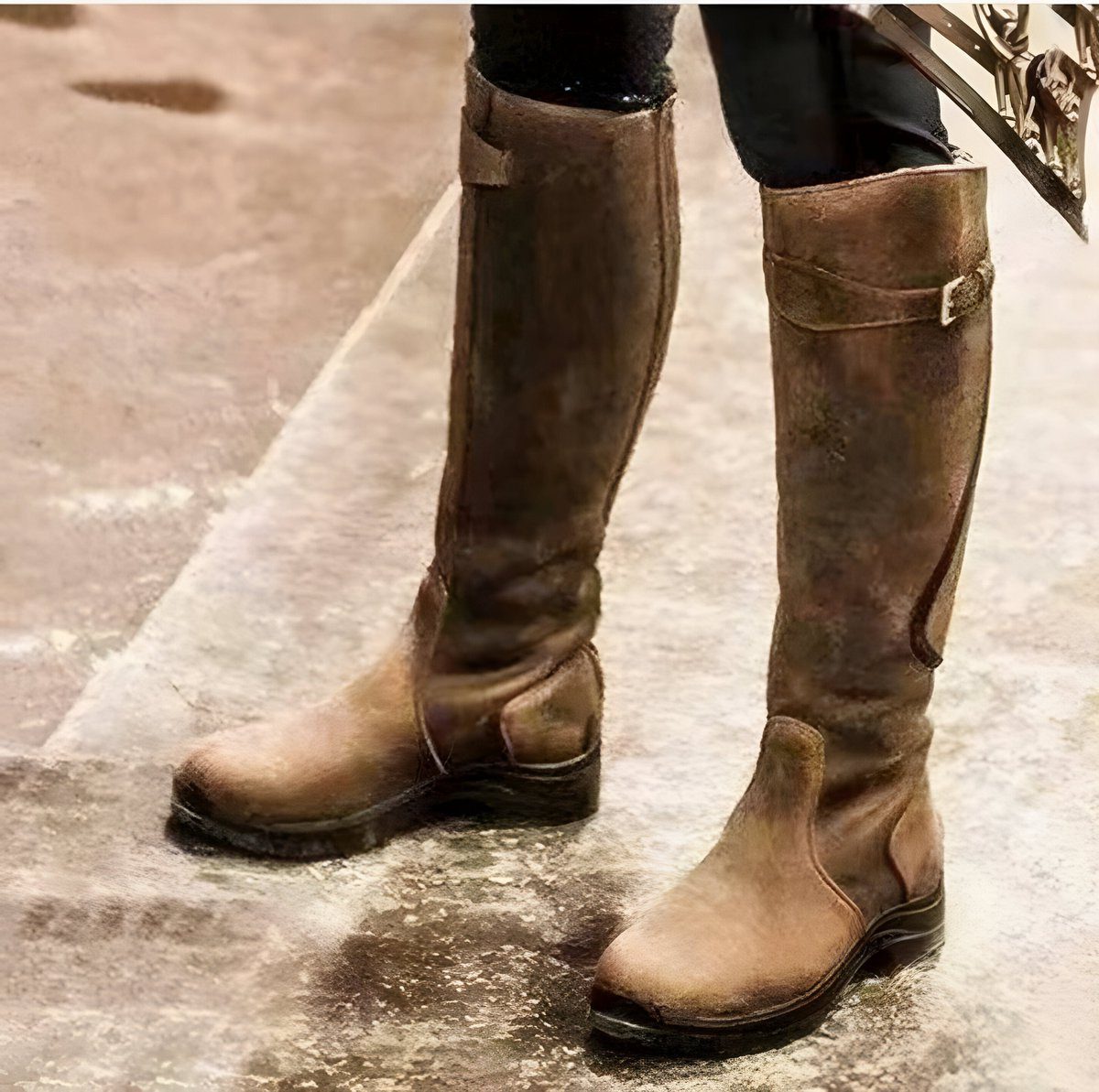 Women's Belted Shaft Leather Riding Boots with Grip Sole - Brown