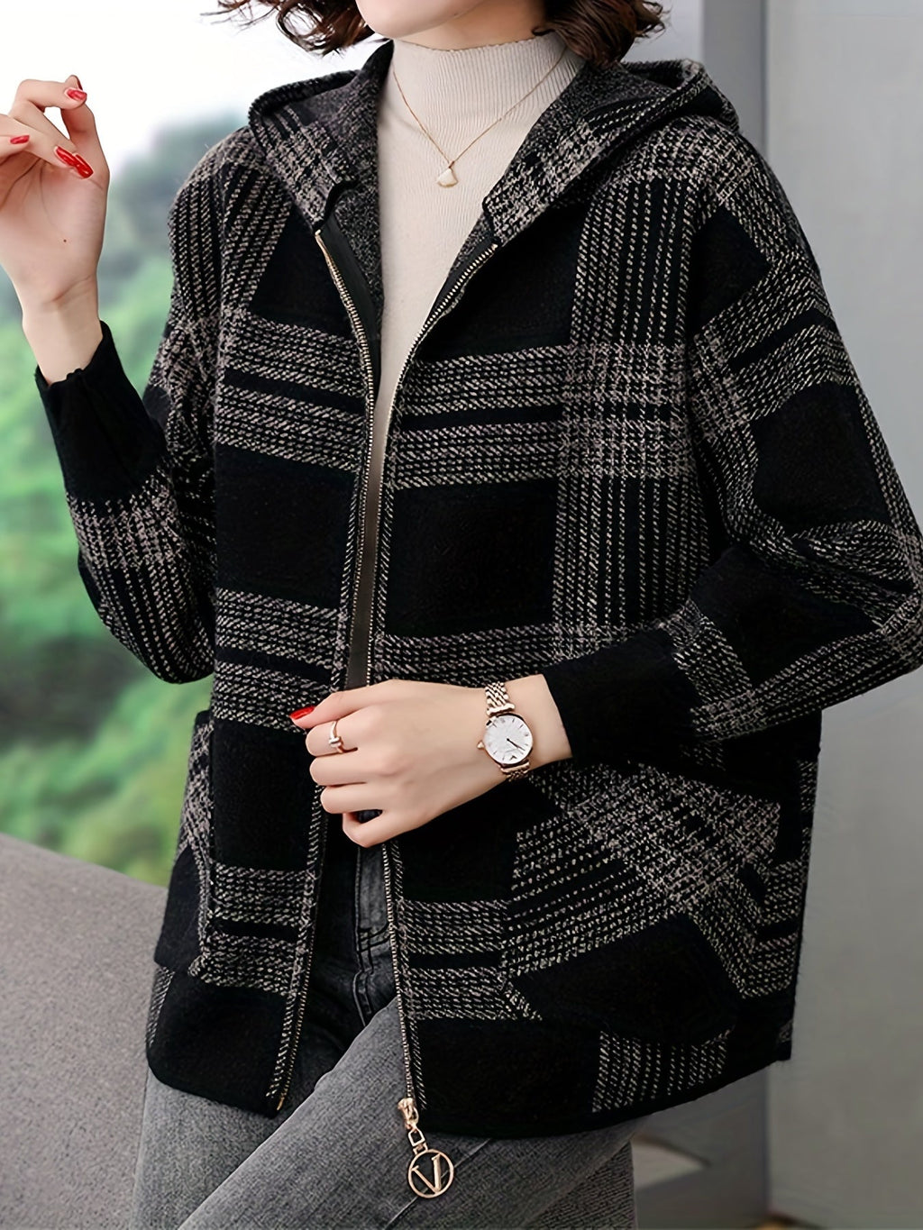 Women's Relaxed Checked Hoodie Jacket with Full Zipper