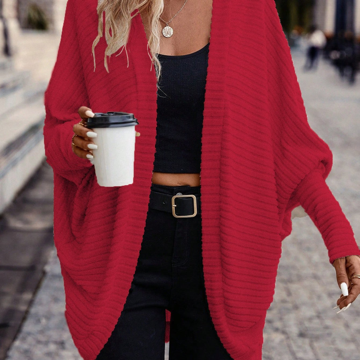 Women's Buttonless Ribbed Drape Cardigan - Red