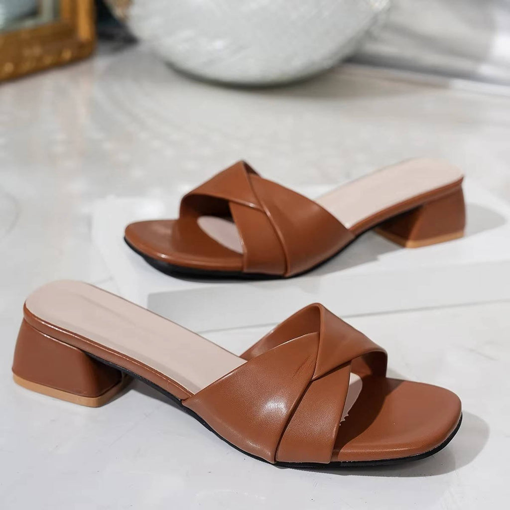 Women's Cross-Strap Sandals Block Heel Slide Open Toe Square