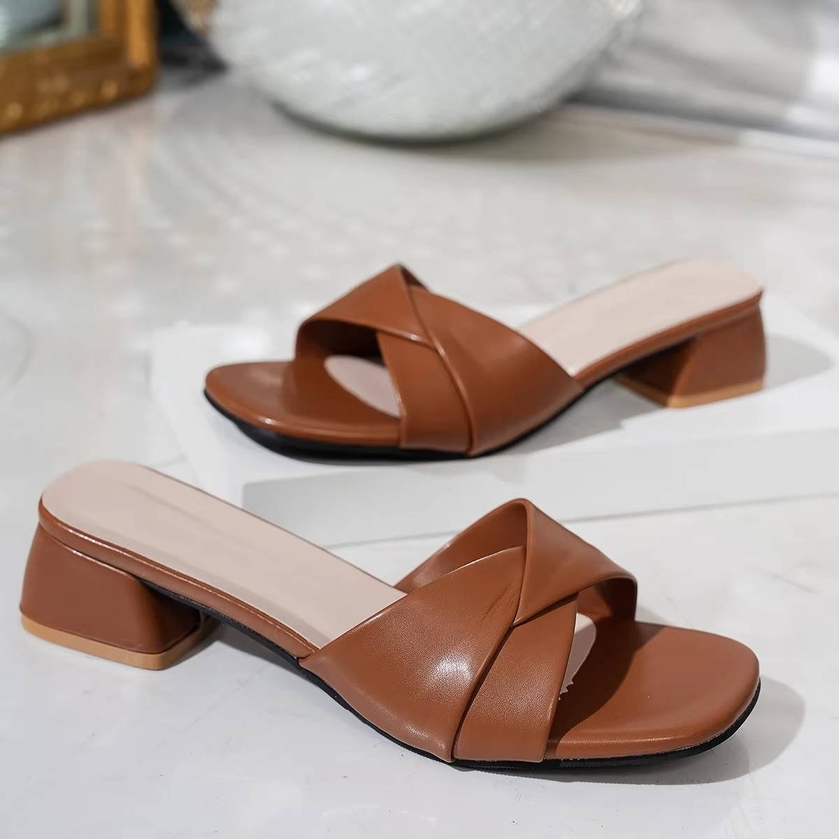 Women's Cross-Strap Sandals Block Heel Slide Open Toe Square