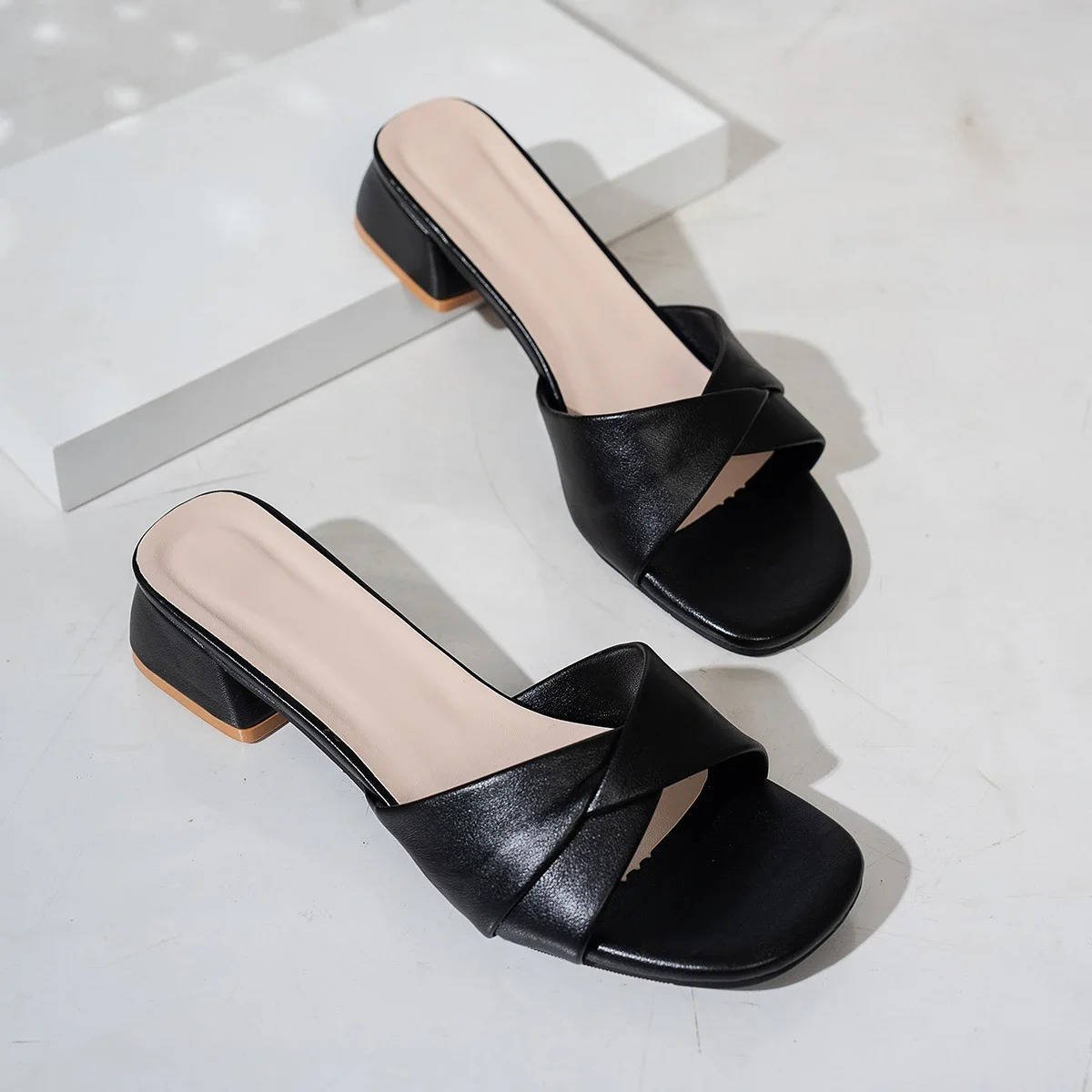 Women's Cross-Strap Sandals Block Heel Slide Open Toe Square