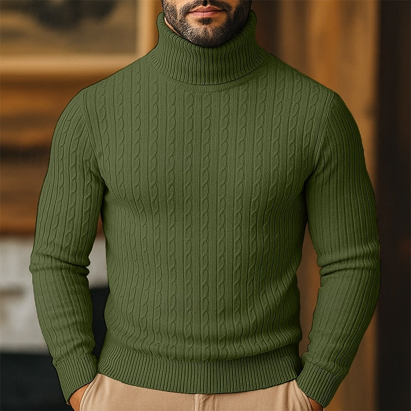 Men's Slim-Fit Turtleneck Sweater with Twisted Cable Texture - Army Green