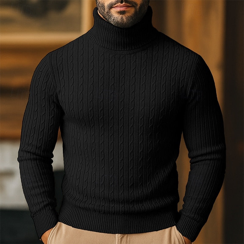 Men's Slim-Fit Turtleneck Sweater with Twisted Cable Texture - Black