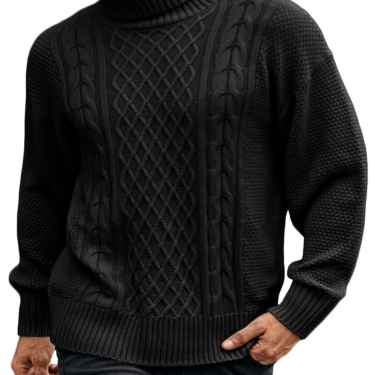 Women's Warm Turtleneck Cable Sweater in 2XL and 3XL - Black