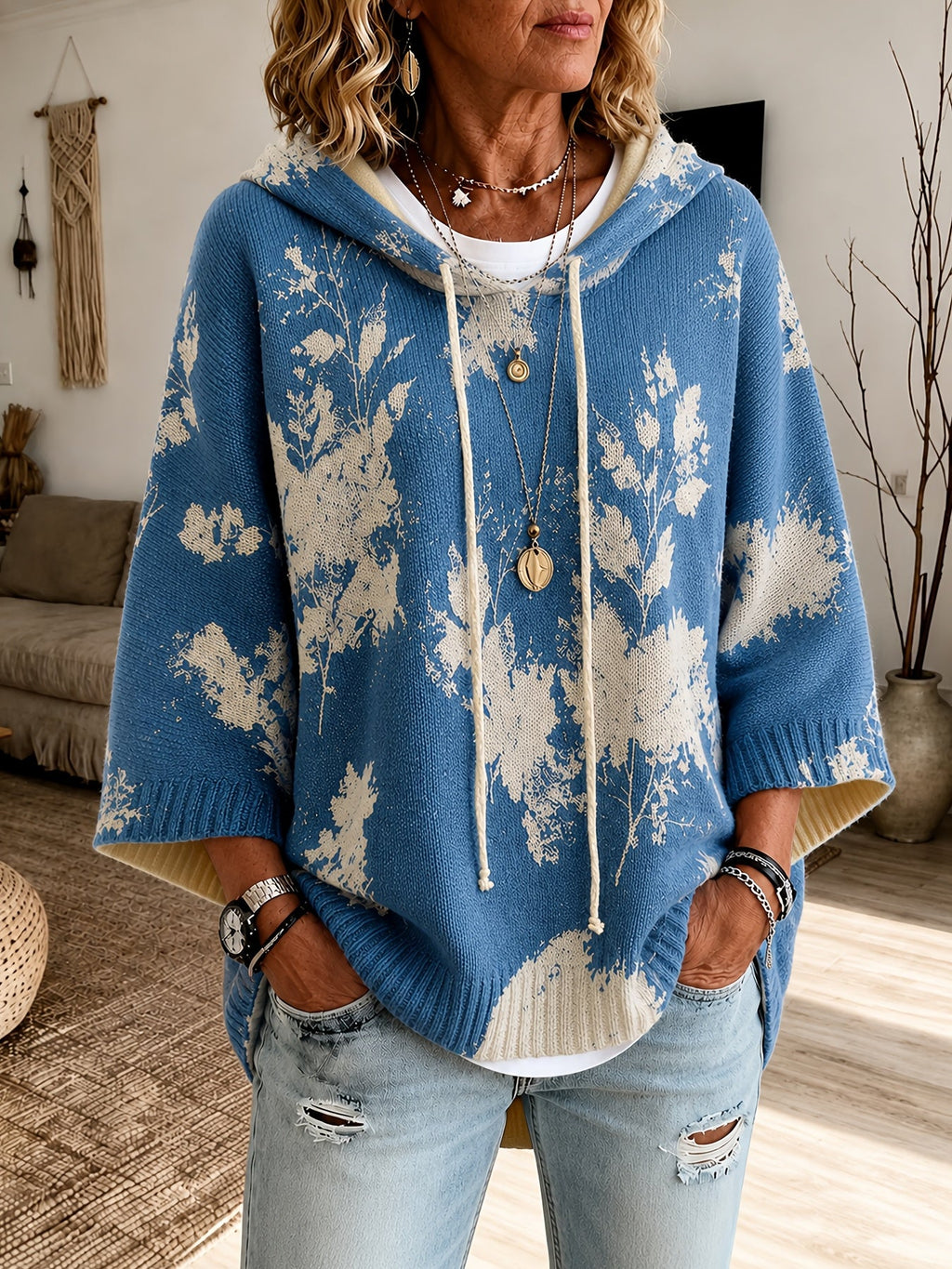 Women's Drawstring Hood Floral Knit Poncho Sweater