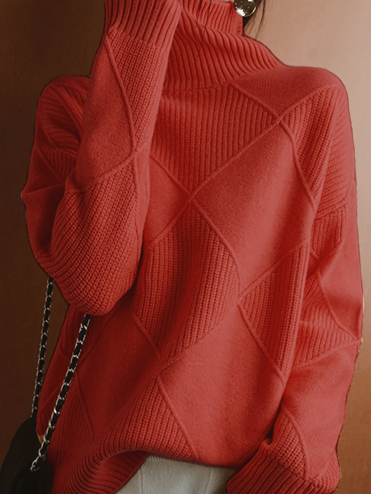 Women's Insulating Knit Turtleneck with Diamond Stitch Detail