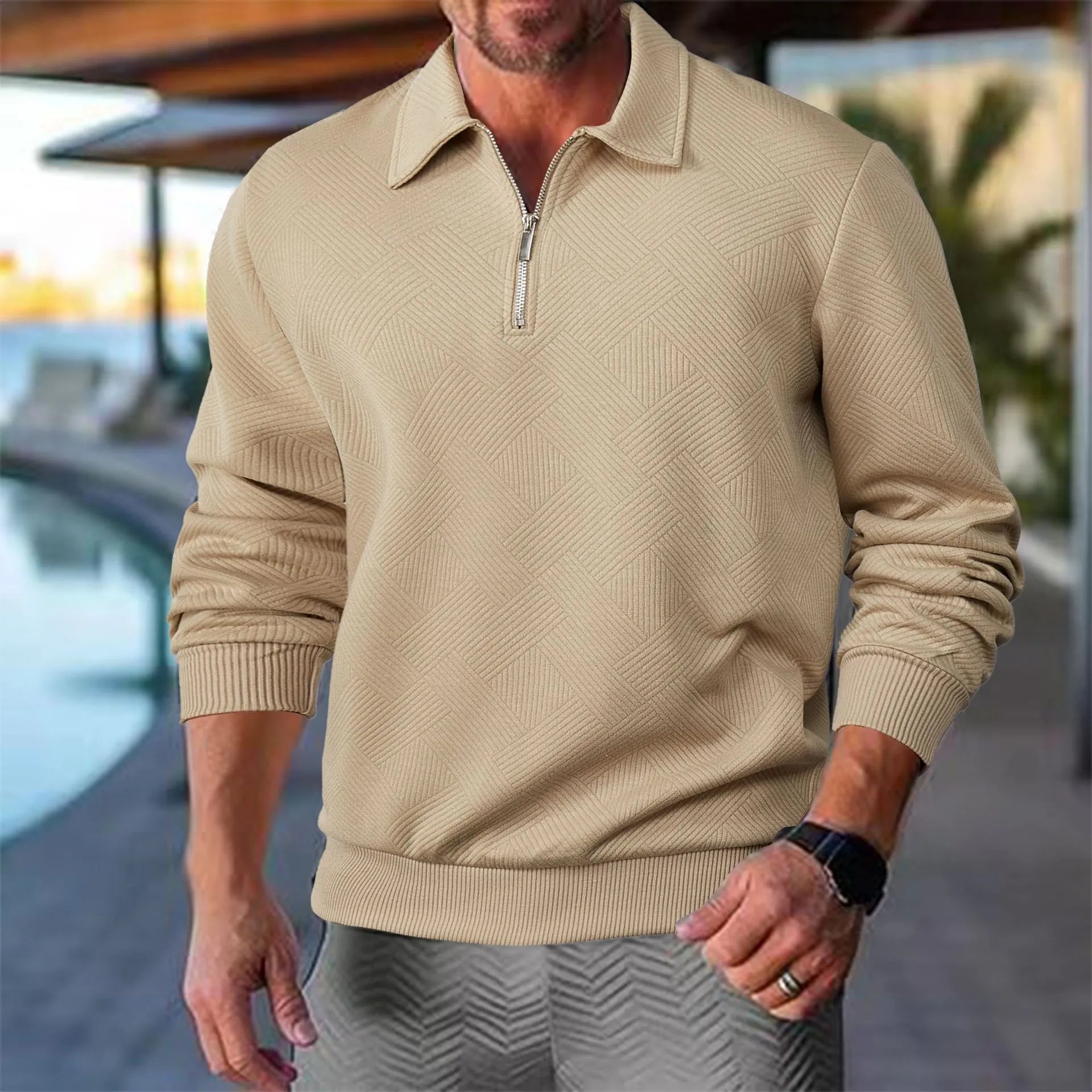 Men's Textured Half Zip Sweatshirt Smart Casual Polo Style