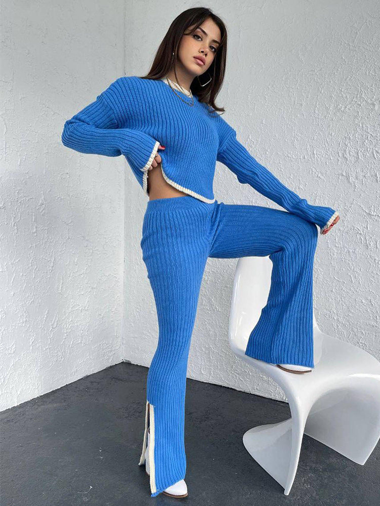 Women's Cool-Weather Knit Two-Piece with Contrast Edging - Royal Blue
