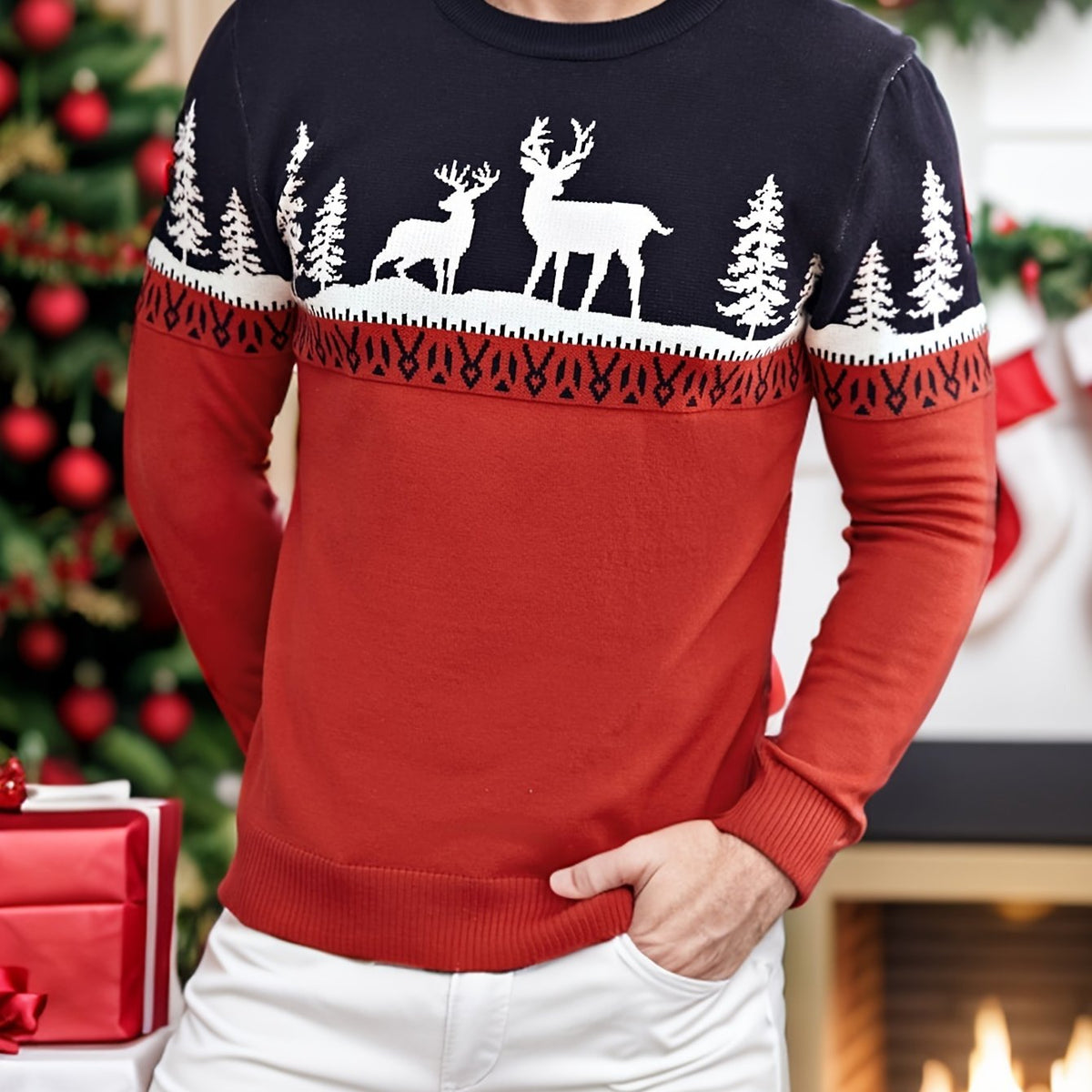 Women's Red Holiday Sweater with Reindeer and Pines - Red