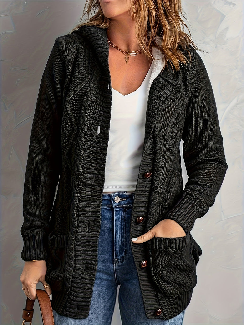 Women's Fleece-Lined Button-Up Hooded Knit Cardigan